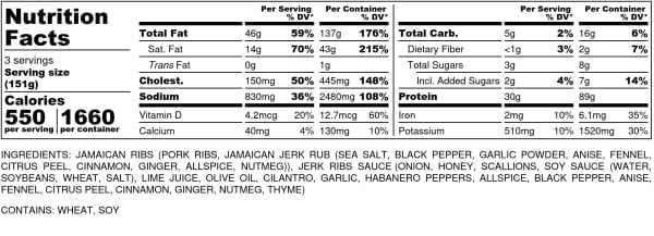 Jamaican Jerk Ribs 1lb - Nutrition Label
