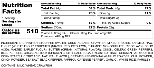 Crawfish Étouffée - Nutrition Label